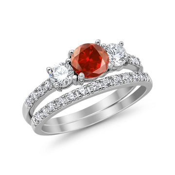 3-Stone Wedding Bridal Piece Ring Simulated Garnet CZ 925 Sterling Silver